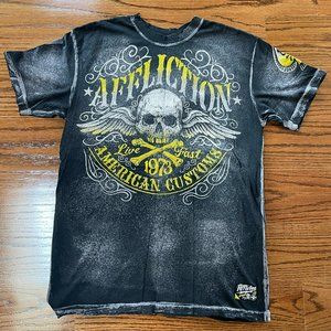 AFFLICTION Live Fast Men's T-shirt Size M Short Sleeve Gray Yellow Distr…
